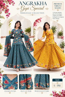 Angrakha Gopi Special 3-Piece Cotton Taj Festive Suit with Full Flair Size wise Combo Set