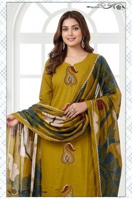 Anishka Vol-1 Dhabu Cotton 3 Piece Suit with Embroidery Work kurti pant with dupatta Catalogs