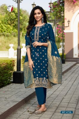 Anju D No  MT 4738 Elegant Pure Dola Silk Kurti with Jacquard Santoon Pant ANd Heavy Jacquard Handwork Dupatta Wholesale Anju Fabrics
