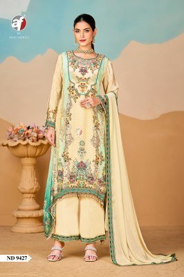 Anju Fabric D.No-ND 9427 Pure Crepe Viscose Silk Kurti Pant Dupatta Set with Heavy Handwork Lace Wholesale wholesale catalogs
