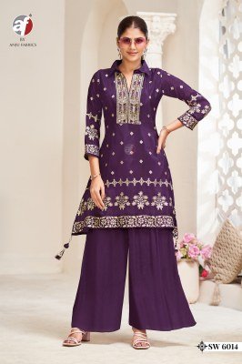 Anju Fabric SW 6014 C Cut Kurti with Palazzo Pure Natural Crepe with Jacquard And Heavy Mirror Handwork Wholesale Anju Fabrics