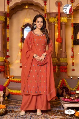 Anju Fabric Sakhi Pure Mul Chanderi A-Line Kurti Wide Pant Dupatta Set | DN 10131–10134 readymade suit catalogs
