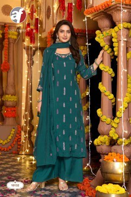 Anju Fabric Sakhi Pure Mul Chanderi A-Line Kurti Wide Pant Dupatta Set | DN 10131–10134 readymade suit catalogs