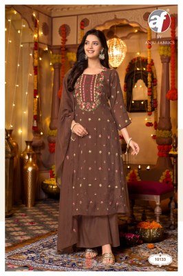 Anju Fabric Sakhi Pure Mul Chanderi A-Line Kurti Wide Pant Dupatta Set | DN 10131–10134 readymade suit catalogs