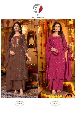 Anju Fabric Sakhi Pure Mul Chanderi A-Line Kurti Wide Pant Dupatta Set | DN 10131–10134 readymade suit catalogs