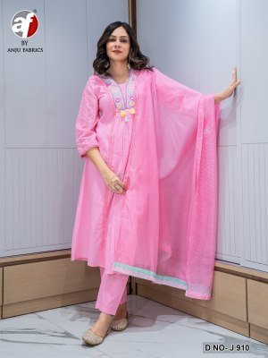 Anju Fabrics  D.no. J 910 Grace Embroidered Anarkali Kurti, Pant And Dupatta Set Mul Cotton, Designer Tassels Wholesale Anju Fabrics