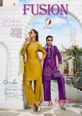 Anju Fabrics Fusion Vol 5 Designer Kurti with Palazzo And Chiffon Scarf  Viscose Nylon  Handwork Detailing Wholesale kurtis catalogs