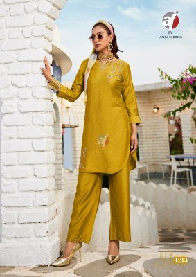 Anju Fabrics Fusion Vol 5 Designer Kurti with Palazzo And Chiffon Scarf  Viscose Nylon  Handwork Detailing Wholesale kurtis catalogs