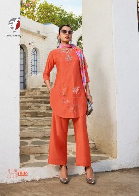 Anju Fabrics Fusion Vol 5 Designer Kurti with Palazzo And Chiffon Scarf  Viscose Nylon  Handwork Detailing Wholesale kurtis catalogs