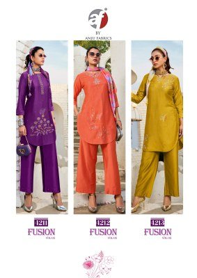 Anju Fabrics Fusion Vol 5 Designer Kurti with Palazzo And Chiffon Scarf  Viscose Nylon  Handwork Detailing Wholesale kurtis catalogs
