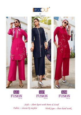 Anju Fabrics Fusion Vol 5 Designer Kurti with Palazzo And Chiffon Scarf  Viscose Nylon  Handwork Detailing Wholesale kurtis catalogs