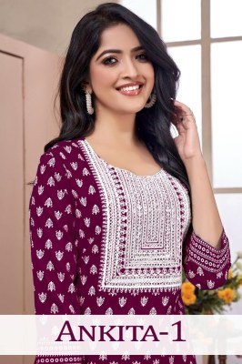 Ankita 1 present reyon gold printed with embroidered kurti catalogue at wholesale price Amavi