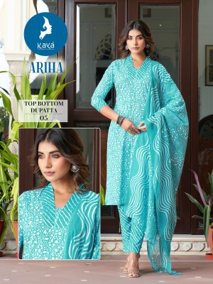 Ariha by kaya cotton printed streight cut kurti pant and dupatta catalogue at affordable rate readymade suit catalogs