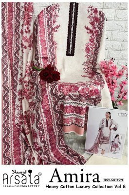 Arsala Amira Luxury Volume 8  Unstitched Cotton Dress Material Pure Heavy Lawn Top And Bottom  Pure Cotton Dupatta Wholesale dress material catalogs