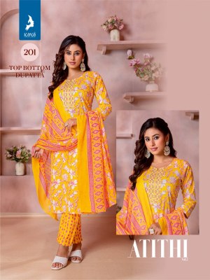 Atithi 2 by kaya fancy cotton printed streight cut kurti pant with dupatta catalogue at low rate readymade suit catalogs