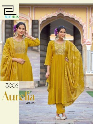 Aurelia vol 3 by Blue hills Heavy chanderi Foil printed Flair Suit catalogue at low rate readymade suit catalogs