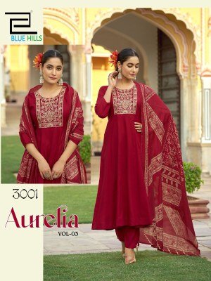 Aurelia vol 3 by Blue hills heavy chanderi foil printed readymade suit catalogue rate readymade suit catalogs