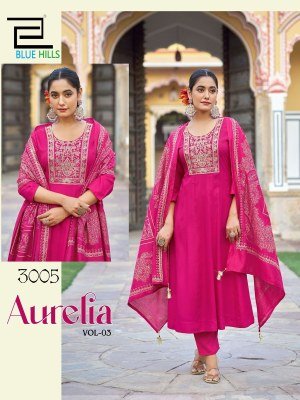 Aurelia vol 3 by Blue hills heavy chanderi foil printed readymade suit catalogue rate readymade suit catalogs