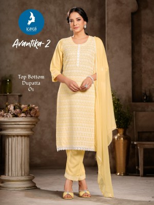 Avantika 2 by Kaya Reyon Chiken work Kurti pant and dupatta collection with affordable rate readymade suit catalogs
