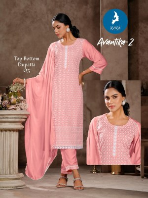 Avantika 2 by Kaya Reyon Chiken work Kurti pant and dupatta collection with affordable rate readymade suit catalogs