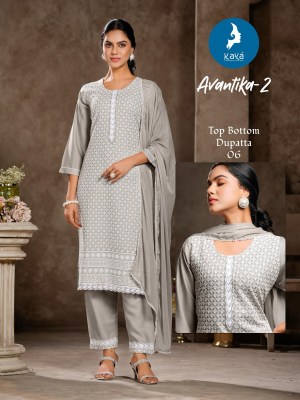 Avantika 2 by Kaya Reyon Chiken work Kurti pant and dupatta collection with affordable rate readymade suit catalogs