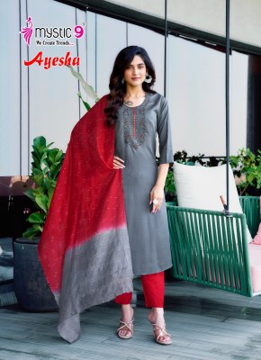 Ayesha vol 1 by Mystic 9 Exclusive reyon embroidered kurti pant and dupatta catalogue in low rate readymade suit catalogs