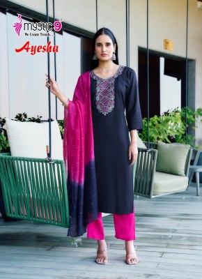 Ayesha vol 1 by Mystic 9 Exclusive reyon embroidered kurti pant and dupatta catalogue in low rate readymade suit catalogs