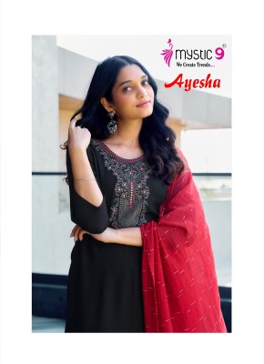 Ayesha vol 1 by Mystic 9 Exclusive reyon embroidered kurti pant and dupatta catalogue in low rate readymade suit catalogs