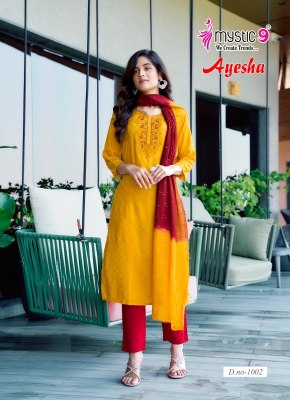 Ayesha vol 1 by Mystic 9 Exclusive reyon embroidered kurti pant and dupatta catalogue in low rate readymade suit catalogs