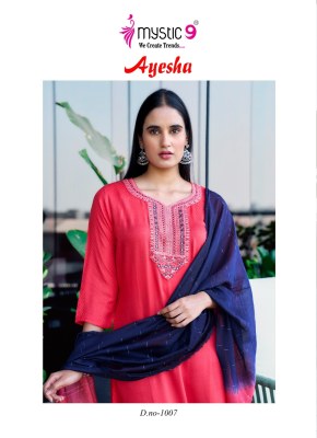 Ayesha vol 1 by Mystic 9 Exclusive reyon embroidered kurti pant and dupatta catalogue in low rate readymade suit catalogs