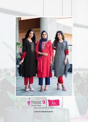 Ayesha vol 1 by Mystic 9 Exclusive reyon embroidered kurti pant and dupatta catalogue in low rate readymade suit catalogs