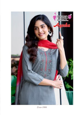 Ayesha vol 1 by Mystic 9 Exclusive reyon embroidered kurti pant and dupatta catalogue in low rate readymade suit catalogs