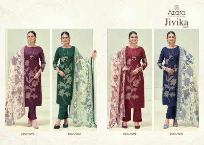  Azara Jivika Vol 5 Pure Heavy Zam Cotton Designer Print Top with Hand Work Mal Cotton Print Dupatta Rayon Bottom  Wholesale dress material catalogs