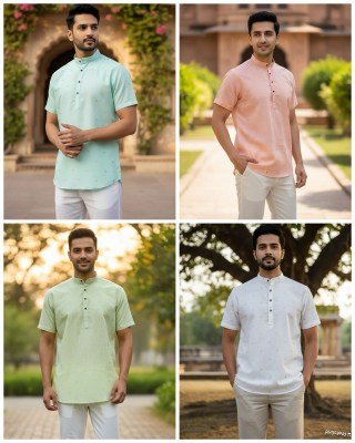 B Desi 2.0 Linen Cotton Short Kurta for Men Half Sleeve Jacquard Butta Kurta for Casual And Celebration Wear Wholesale mens kurta