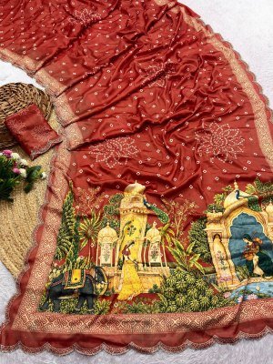 BHADHANI JARKAN Exclusive Designer Chinnon Saree with Heavy Digital Print and Work sarees