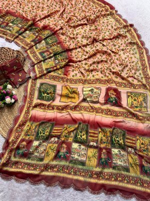 BHADHANI JARKAN Exclusive Designer Chinnon Saree with Heavy Digital Print and Work sarees