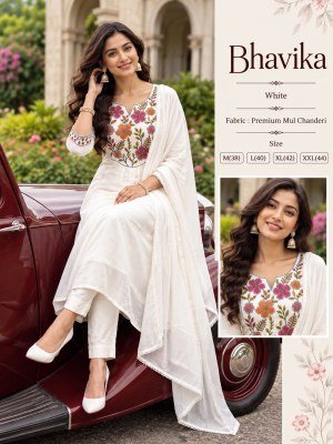 BHAVIKA Trending Festive Mul Chanderi Anarkali 3- Piece Suit Set with Embroidery  wholesale catalogs