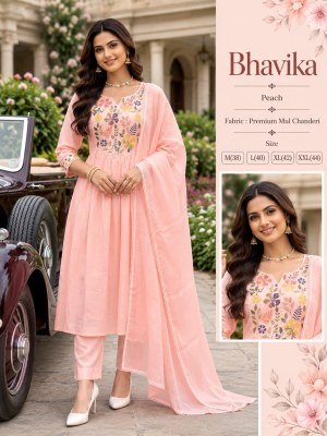 BHAVIKA Trending Festive Mul Chanderi Anarkali 3- Piece Suit Set with Embroidery  fancy Anarkali suit catalogs