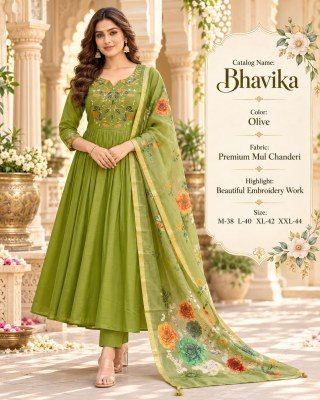 BHAVIKA Trending Festive Mul Chanderi Anarkali 3- Piece Suit Set with Embroidery  fancy Anarkali suit catalogs
