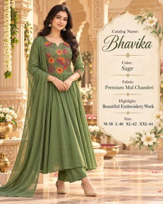 BHAVIKA Trending Festive Mul Chanderi Anarkali 3- Piece Suit Set with Embroidery  fancy Anarkali suit catalogs