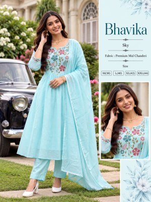 BHAVIKA Trending Festive Mul Chanderi Anarkali 3- Piece Suit Set with Embroidery  fancy Anarkali suit catalogs