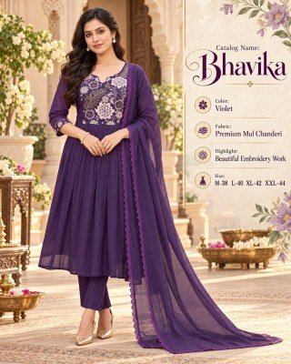 BHAVIKA Trending Festive Mul Chanderi Anarkali 3- Piece Suit Set with Embroidery  fancy Anarkali suit catalogs