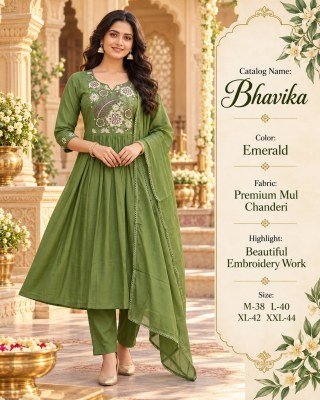 BHAVIKA Trending Festive Mul Chanderi Anarkali 3- Piece Suit Set with Embroidery  fancy Anarkali suit catalogs