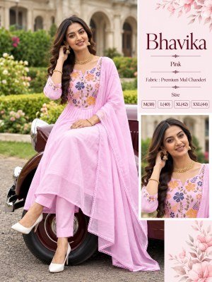 BHAVIKA Trending Festive Mul Chanderi Anarkali 3- Piece Suit Set with Embroidery  fancy Anarkali suit catalogs