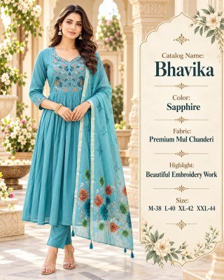 BHAVIKA Trending Festive Mul Chanderi Anarkali 3- Piece Suit Set with Embroidery  fancy Anarkali suit catalogs