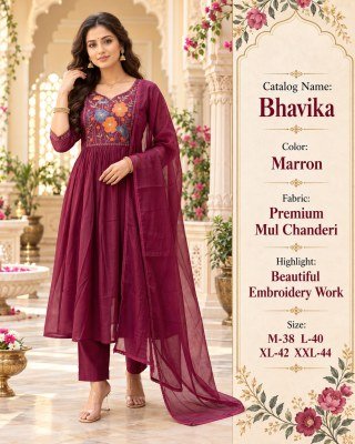 BHAVIKA Trending Festive Mul Chanderi Anarkali 3- Piece Suit Set with Embroidery  fancy Anarkali suit catalogs