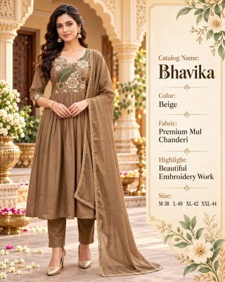 BHAVIKA Trending Festive Mul Chanderi Anarkali 3- Piece Suit Set with Embroidery  fancy Anarkali suit catalogs