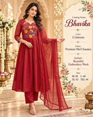 BHAVIKA Trending Festive Mul Chanderi Anarkali 3- Piece Suit Set with Embroidery  fancy Anarkali suit catalogs