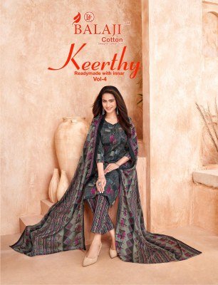 Balaji Cotton Keerthy Vol 4 Designer Cotton Kurti Pant Set Aster Inner, Enhanced Miyami Stitch, Pockets And Dupatta Wholesale kurtis catalogs