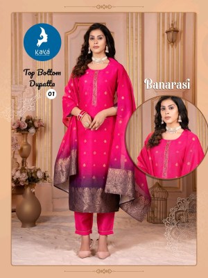 Banarasi by kaya Chanderi super quality kurti pant and dupatta catalogue at affordable rate  readymade suit catalogs